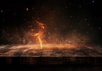 A wooden table with fire burning at the edge, emitting sparks and smoke, on a dark background for product display.