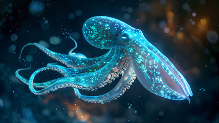 Bioluminescent Squid Floating in Deep Sea Digital Illustration