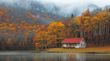 Fototapeta premium A cabin rests by a lake shore, surrounded by autumn foliage in the foreground, while a mountain range lies in the backdrop