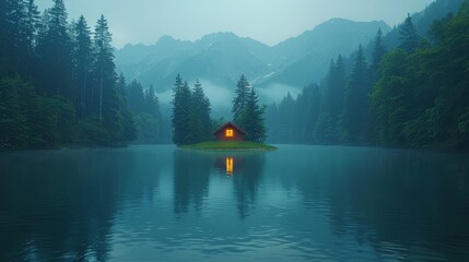   A house sits on a tiny island amidst a serene lake Mountains loom in the distance, their peaks shrouded by fog that pervades the cool air