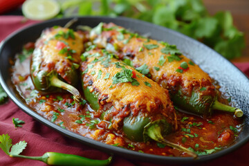 Homemade Chiles Rellenos in Spicy Tomato Sauce, Mexican Cuisine Concept