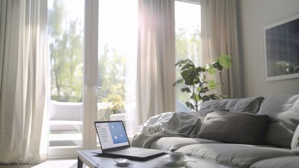 Fototapeta premium modern living room where curtains automatically adjust in response to sunlight, shown with a smart home interface on a tablet or smartphone displaying temperature and air quality readings
