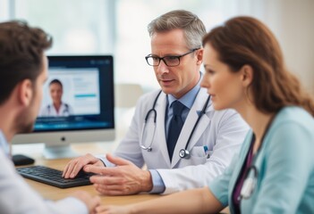 Fototapeta premium Doctors reviewing patient information on a computer in an office setting. Illustrates collaboration in medical care.