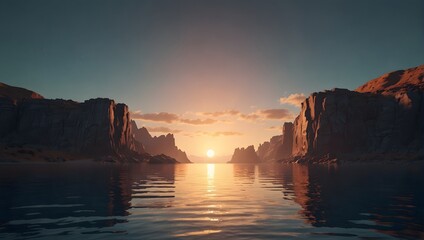  Create a futuristic 3D-rendered landscape featuring cliffs and water, exuding a modern, minimalist abstract vibe, ideal for a spiritual ambiance, accentuated by gentle hues of sunrise ai_generative