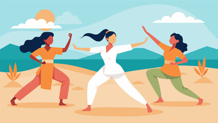 A group of women practicing martial arts on a sandy beach embracing the elements and the freedom that comes with mastering a physical