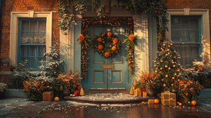 Fototapeta na wymiar A front door adorned with a Christmas wreath on the center and one on each side