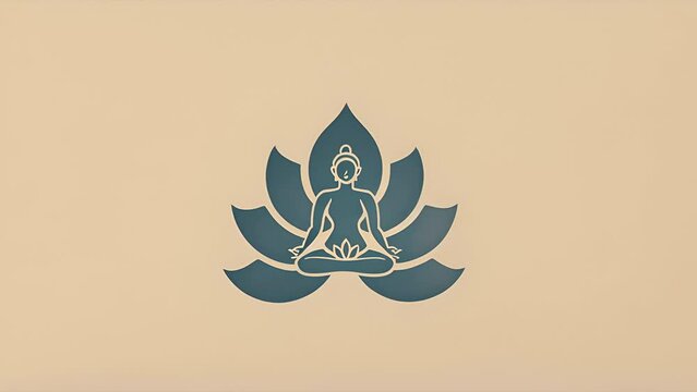 Pushing towards a blue logo of buddha meditating sitting in a lotus flower. Logo for wellness, massage or spirituality center.