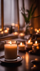 Cozy evening with aromatic candles creating a romantic atmosphere in a room with soft lighting