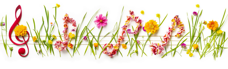 Music Notes Made of Grass and Flowers Isolated on White Background