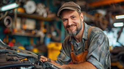 man working in auto repair shop and smiling.