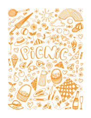 orange linear vector illustration of picnic on white background