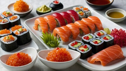 Variety of sushi elegantly displayed on marble surface, showcasing array of colors, textures that...