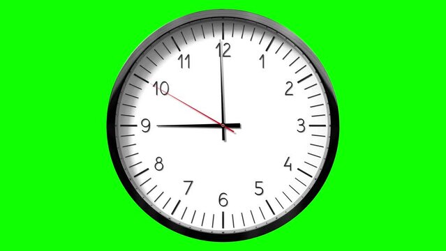 Classic wall clock on green background - 9 o clock - 3D 4k animation (3840 x 2160 px)