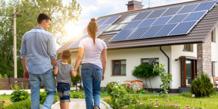 Sustainable Living: Family Standing Proud in Front of Their Eco-Friendly Home Equipped with Solar Panels, Embracing Renewable Energy for a Green Future, Generative AI