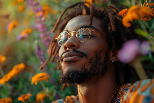 Black Afro-American man with dreadlocks and glasses in field of flowers, stoned after smoking weed