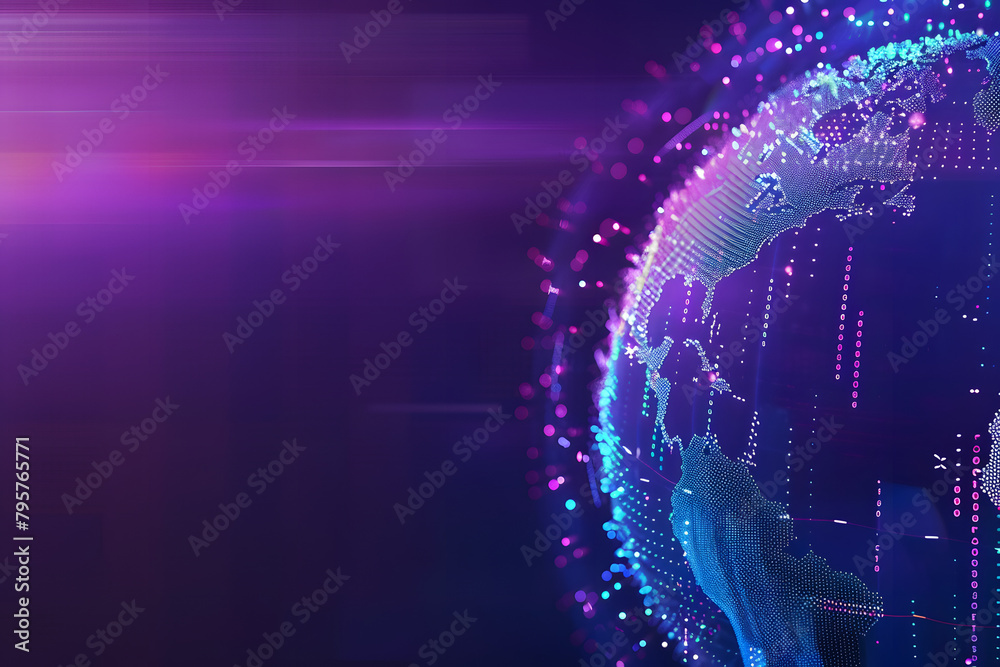 Canvas Prints digital technology background with blue gradient and digital world globe made of dots on dark purple