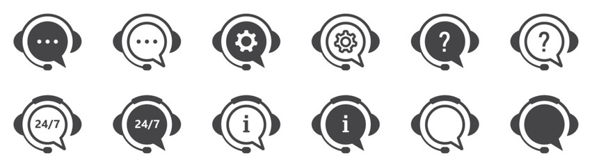 Set of support service icons. Speech bubbles with headphones, live chat symbol, call center. Hotline, customer advice, online web support. Vector.