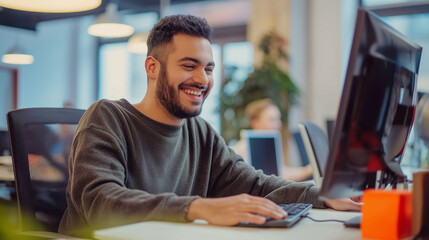 Smiling customer service representative working on computer in office