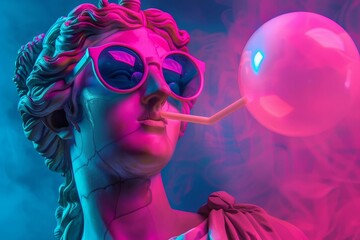 ancient greek statue with sunglasses blowing bubble gum on vibrant neon background digital art