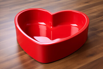 Empty red heart shaped bowl on wood background