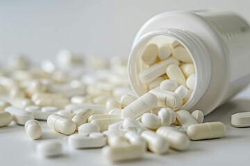antibiotic capsule pills spilled from white plastic medicine bottle pharmaceutical industry still life