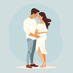 A couple is holding hands and the woman is pregnant. The man is wearing a white shirt and jeans