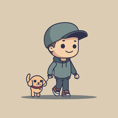 A cartoon boy is walking a dog. The boy is wearing a hat and a hoodie