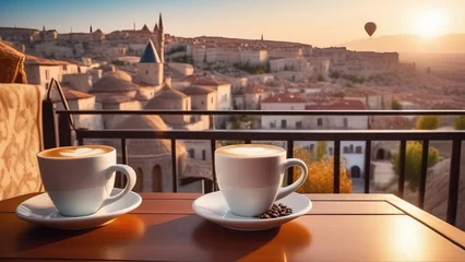 Foto op Plexiglas Traditional Turkish coffee on a balcony with the beautiful Turkish city of Cappadocia in the background, 2 cups of coffee or tea on a blurred background of an evening Turkish city with balloons © екатерина лагунова