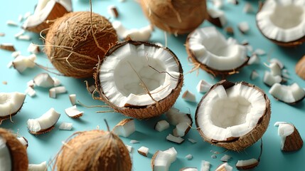   A collection of halved coconuts resting on a blue surface, surrounded by shredded coconuts