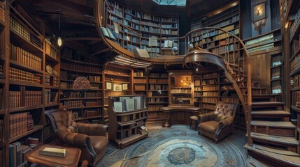 Wide-Angle Paper Library Scene with Cozy Corners