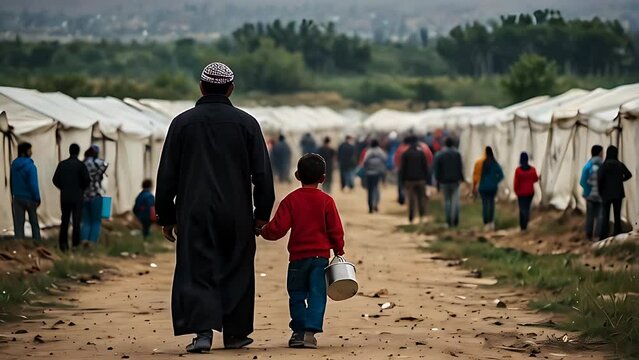 A Muslim father and son, refugees fleeing war and social issues, holding hands amidst tents provided by international aid in the Middle East video animation