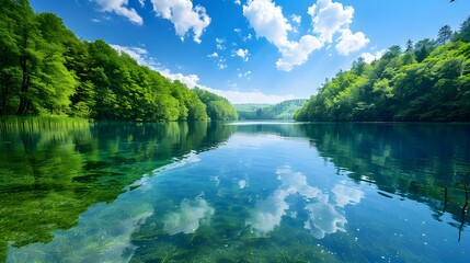 An image depicting a serene lake with crystal clear reflections, surrounded by lush forests under a bright blue sky