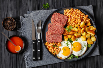 corned beef, baked beans, potatoes and fried eggs