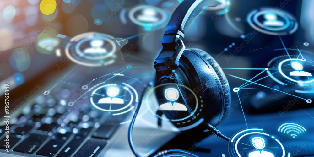Aufkleber a pair of headphones amidst a network of digital connectivity symbolizing modern communication and s