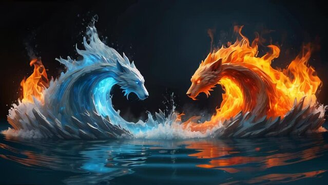 Mythical fire and ice beasts in a dynamic duel. Generative AI Video.
