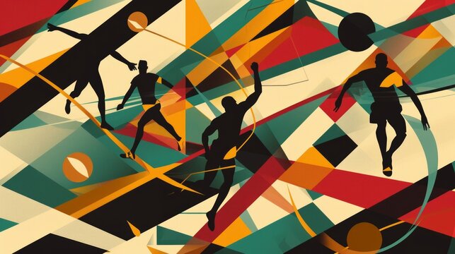 Dynamic Basketball Players on Geometric Court, Abstract Interplay of Shapes and Movement, summer olimpics