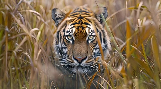 the tiger is camouflaged in the grass