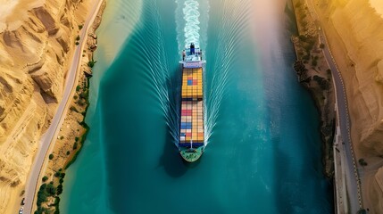 An image of a cargo ship navigating through the Suez Canal, captured from above with a clear, detailed view of the vessel and the narrow passage