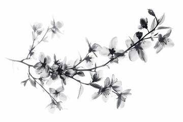 black twig with delicate flowers isolated on white background floral design element digital painting
