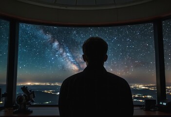Silhouette of an astronomer contemplating the night sky in an observatory, surrounded by stars and the vast universe.