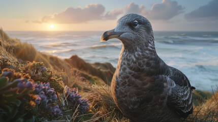  Seagull atop cliff's edge, ocean backdrop, sunset behind