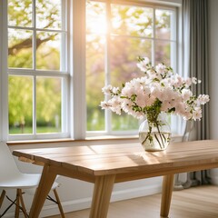 living room an empty light wooden table adorned with fresh flowers, windows that bathe the space in natural light.