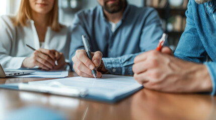 Close up of couple signing contract with insurance agent in office
