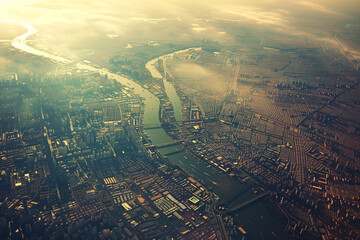 majestic photo featuring the earth's surface from above, dotted with warehouses and distribution centers, highlighting the intricate web of land-based logistics essential for trans