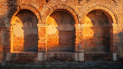 An old-world charm brick wall with arches and niches, featuring bricks in varying shades of terra cotta, shot at sunset