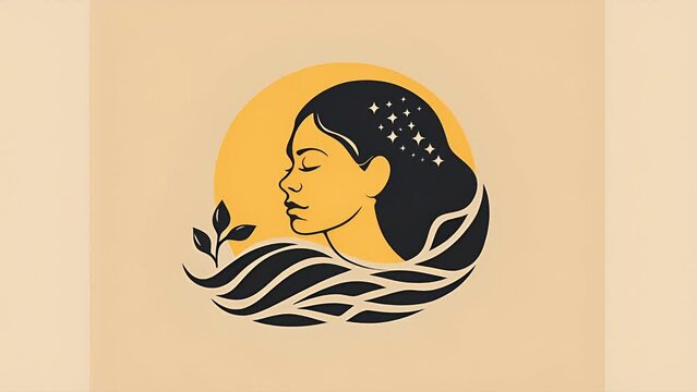 Logo of the face of a pacific islander soaring over waves against the sunrise for wellness, massage, spirituality or healing center