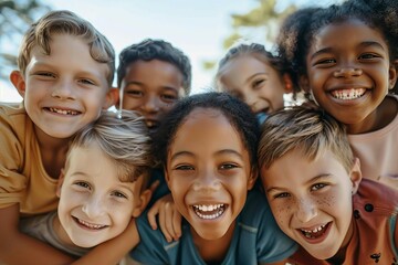 cheerful diverse group of children playing together outdoors friendship and unity concept