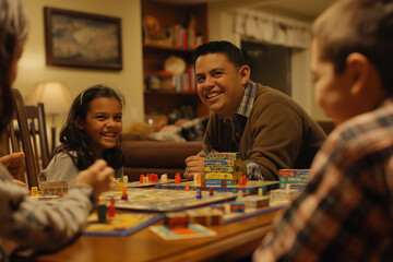 A family game night at home, with board games spread out on the coffee table and smiles all around, fostering friendly competition and strengthening familial bonds.