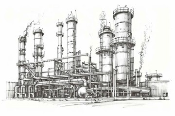 chemical plant sketch polymer production process handdrawn industrial illustration