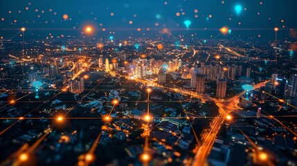City lights at night with a glowing network of connections